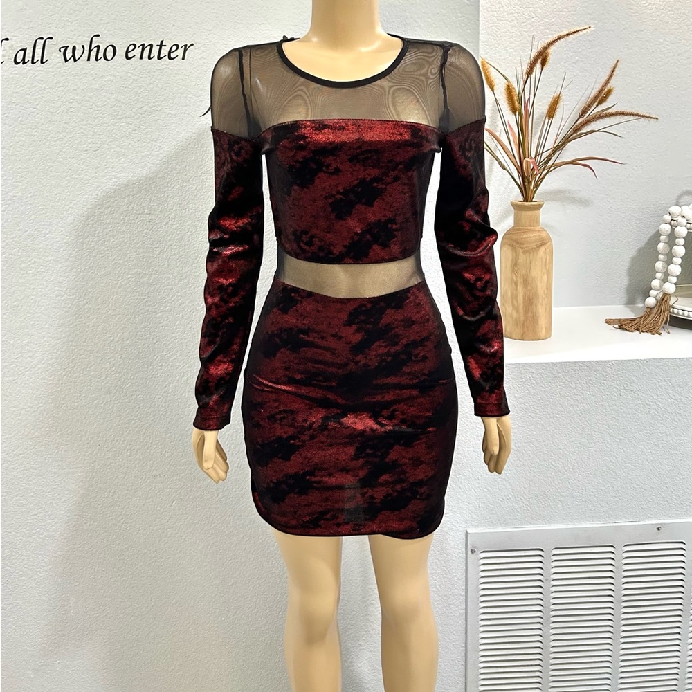 Sabora Dress Womens Size L Large Black Velour Mesh Stretch Long Sleeve EUC
